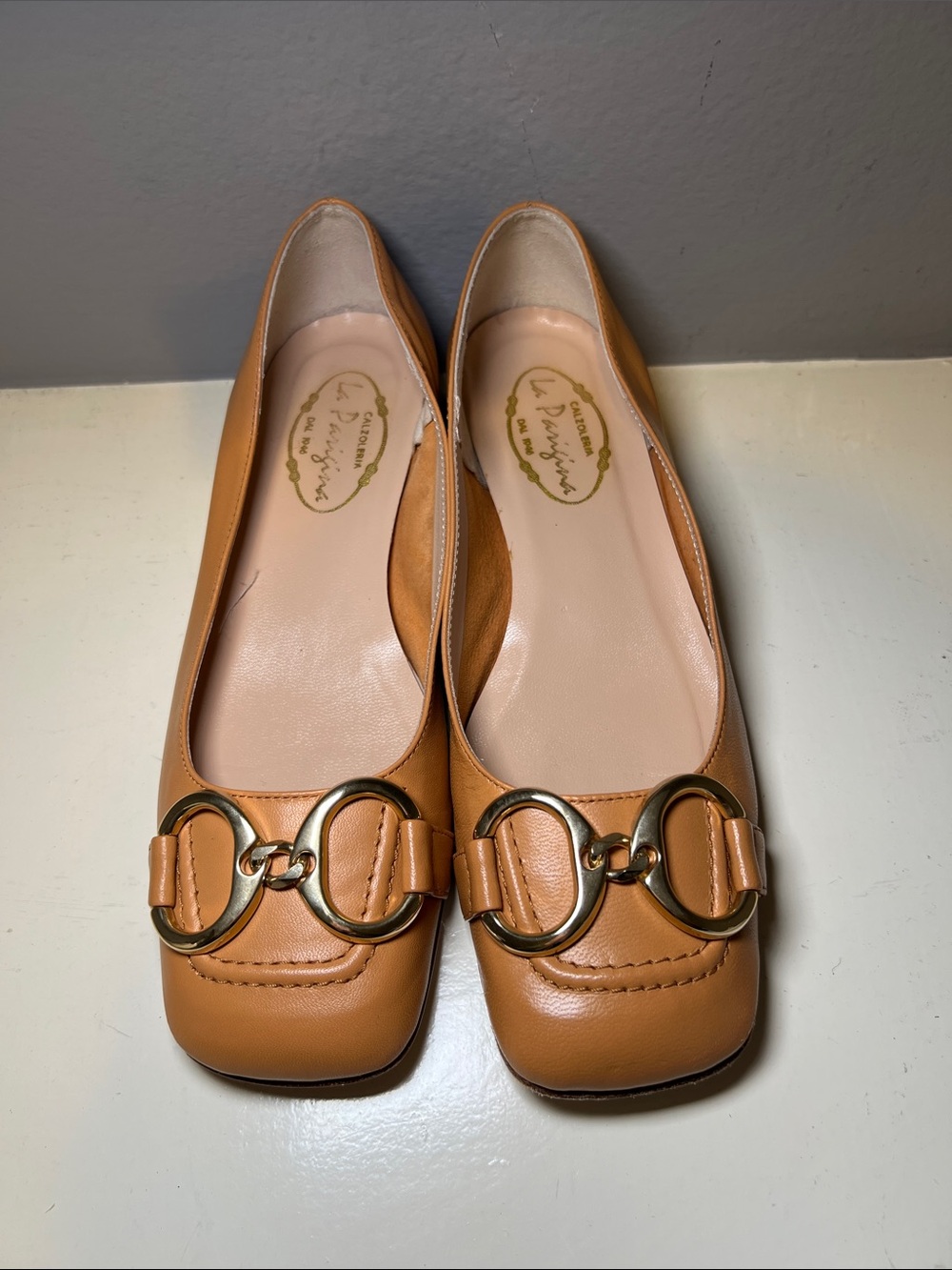 La Parigina Camel Leather Ballet Flats with a 2cm block heel